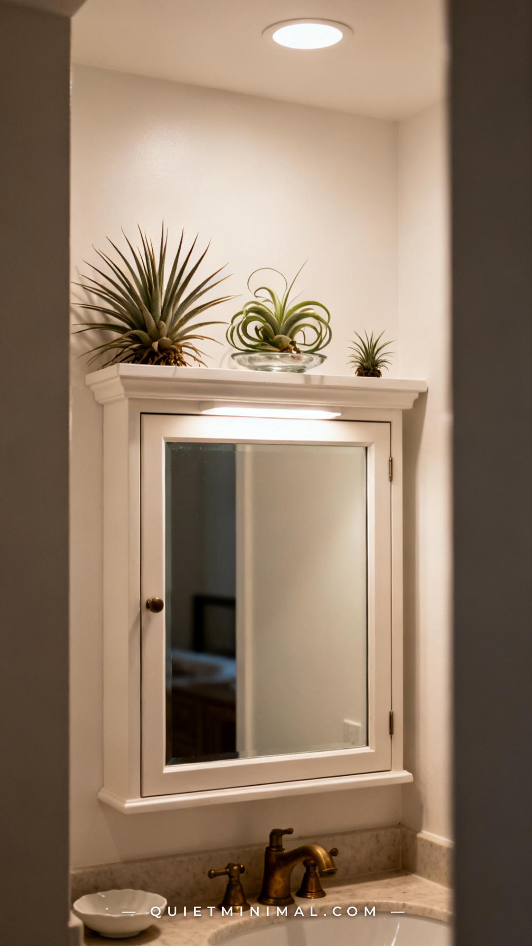 A wide establishing shot of a recessed medicine cabinet mounted on a bathroom wall