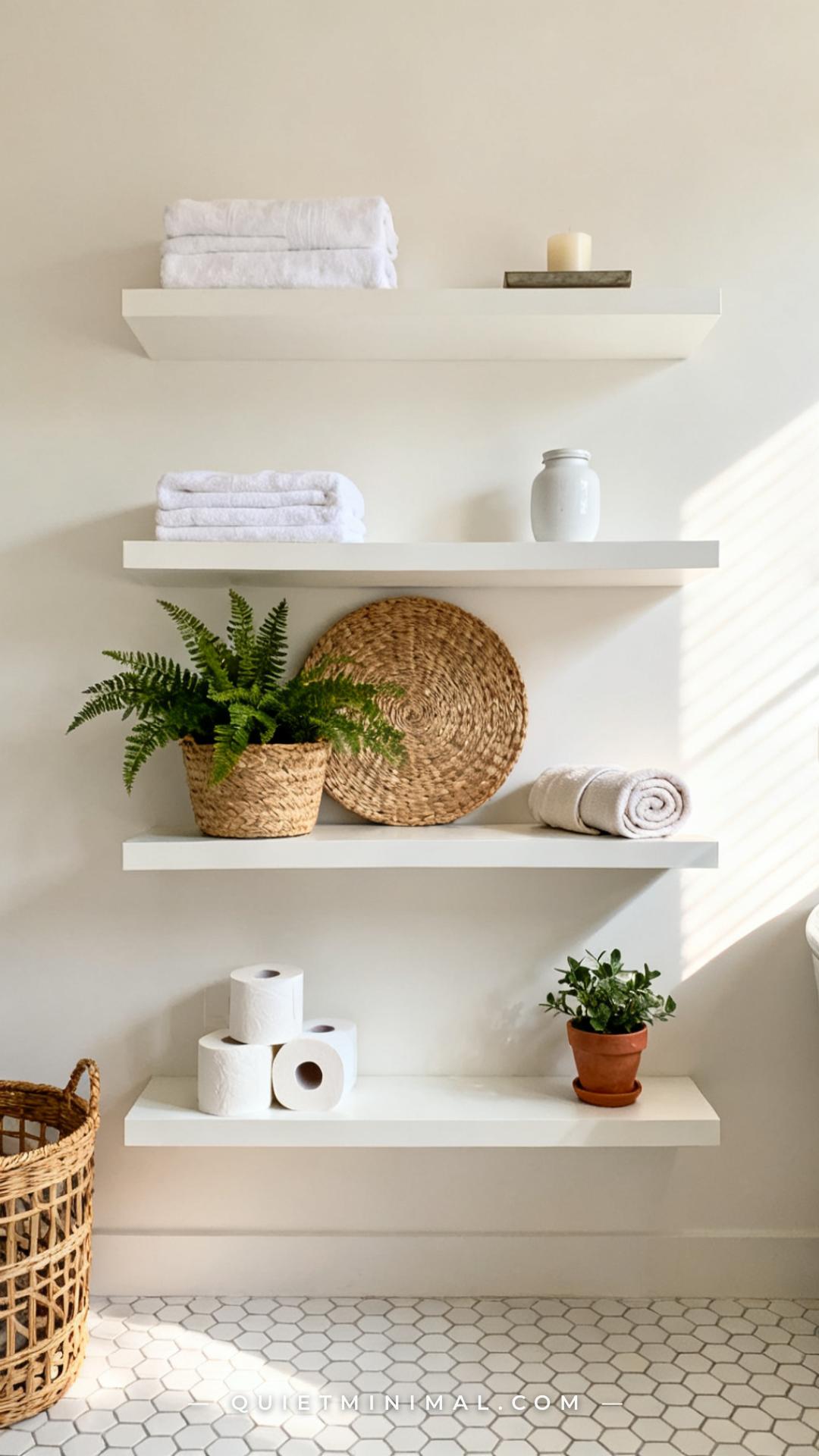 A wide establishing shot of a bathroom open shelving unit — three white floating shelves mounted vertically on a warm wh