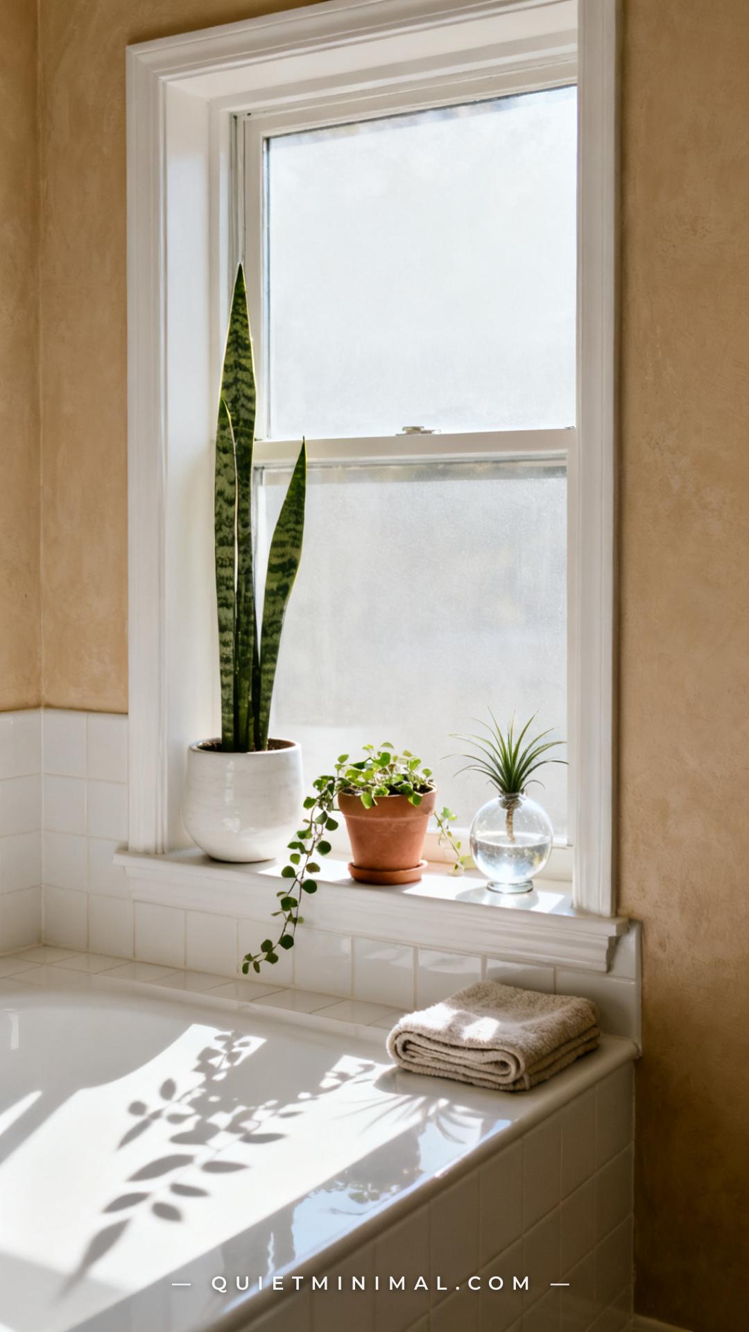 A wide establishing shot of a bathroom window ledge with three planters arranged in an odd-number grouping