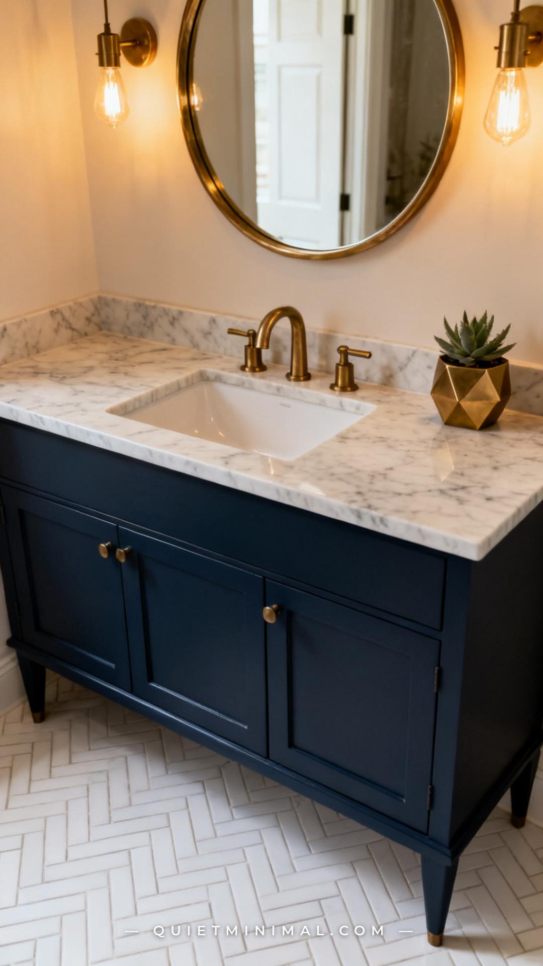 A wide bathroom vanity shot showing a marble-topped counter with two matching brushed brass faucet handles on either sid