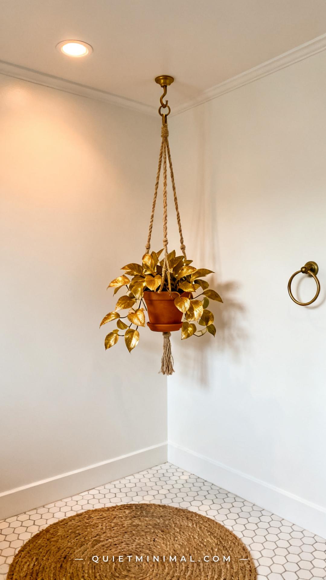 A wide establishing shot of a bathroom corner where a ceiling-hung macramé plant hanger holds a golden pothos in a terra