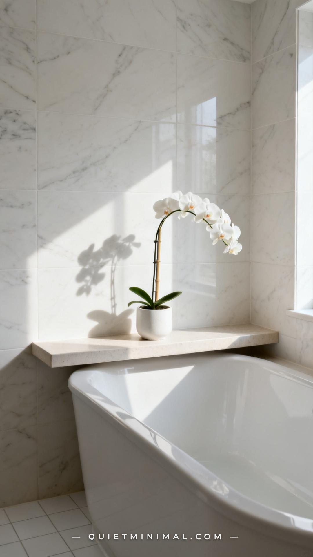 A wide photograph of a bathroom ledge — a narrow five-inch-deep ledge running along the top of a freestanding soaking tu