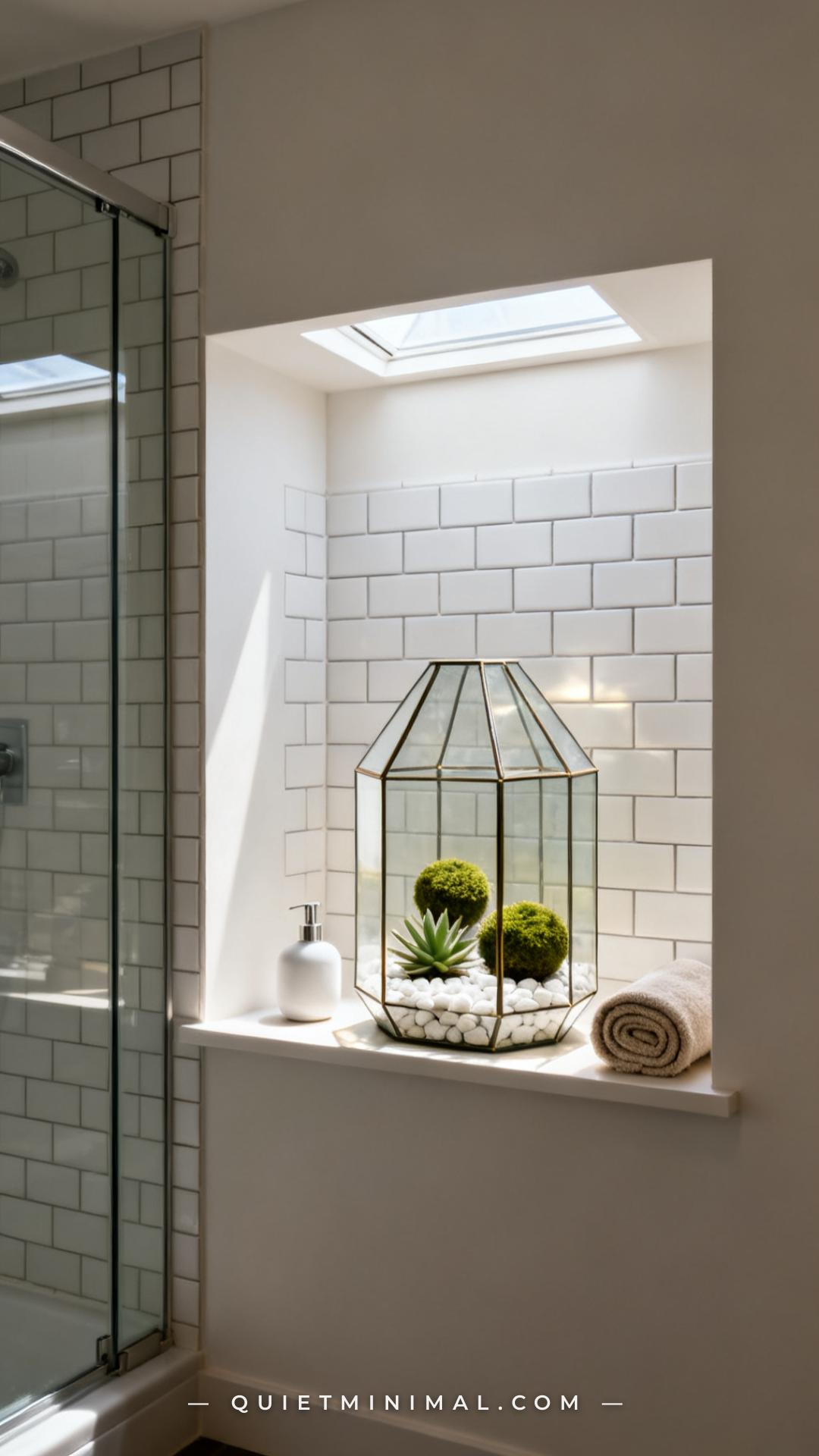 A wide establishing shot of a deep bathroom shelf built into a wall niche