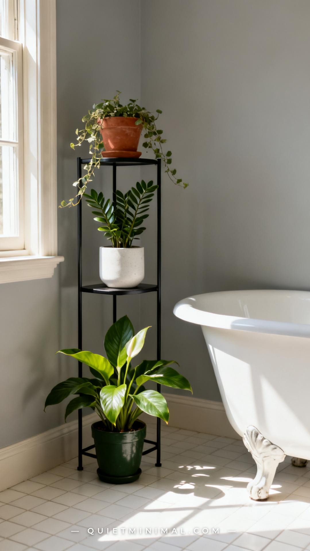 A wide vertical photograph of a bathroom floor corner beside a freestanding claw-foot tub