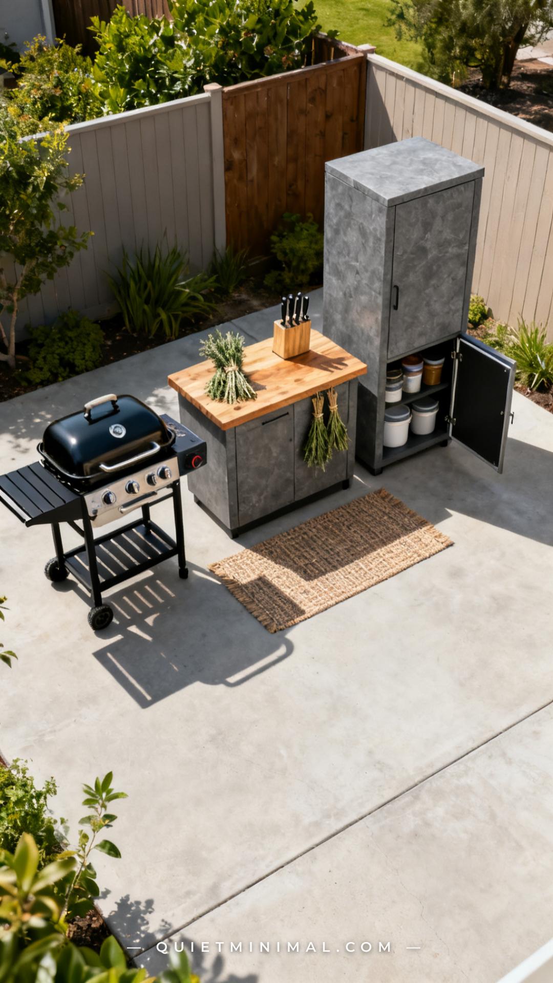 A vertical photograph captures a wide overhead-angle view of a small but well-organized backyard patio showing three dis