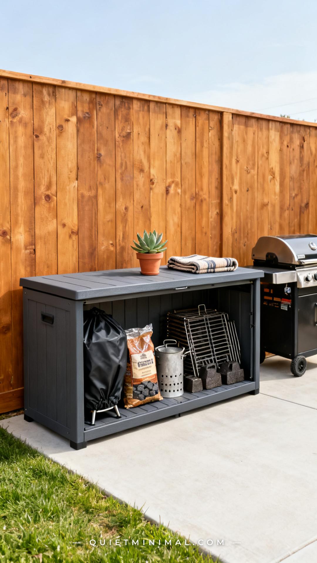 A vertical photograph captures a wide view of a large horizontal outdoor storage box — dark gray resin with a flat lid —