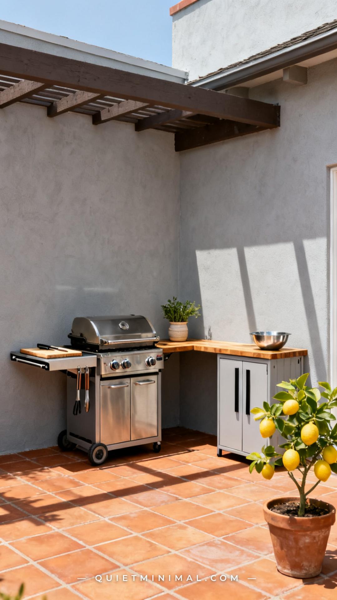 A vertical photograph captures a wide establishing view of a small patio corner filled by a compact L-shaped BBQ setup
