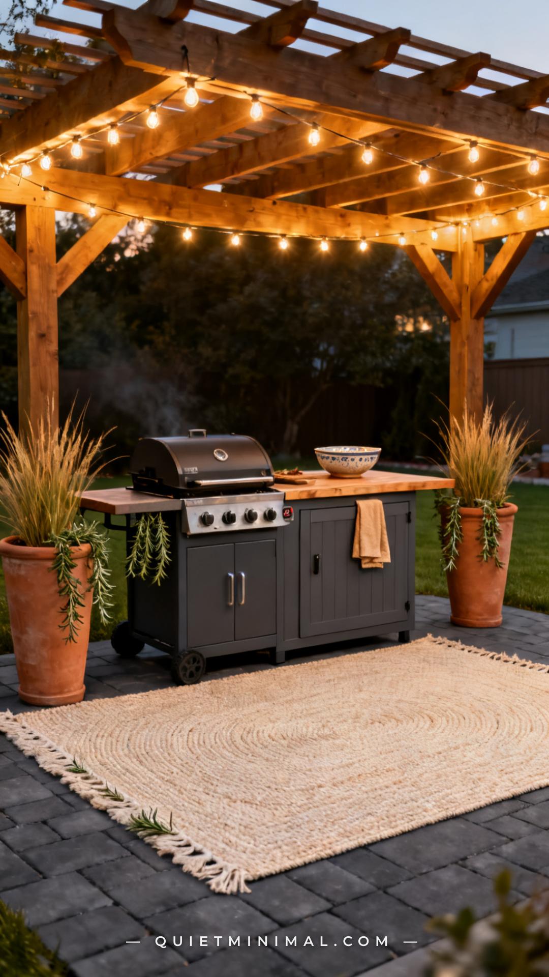 A vertical photograph captures a wide full-zone view of a complete backyard BBQ setup anchored by a woven jute outdoor r