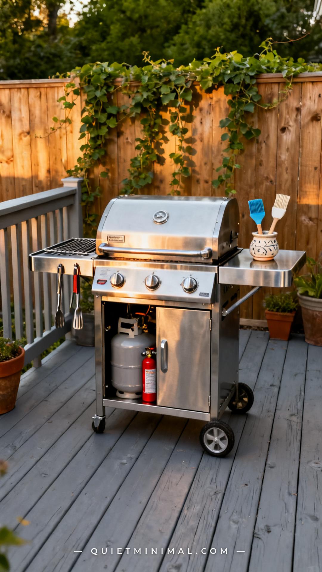 A vertical photograph captures a medium-wide view of a freestanding gas grill on a stainless steel wheeled cart placed o