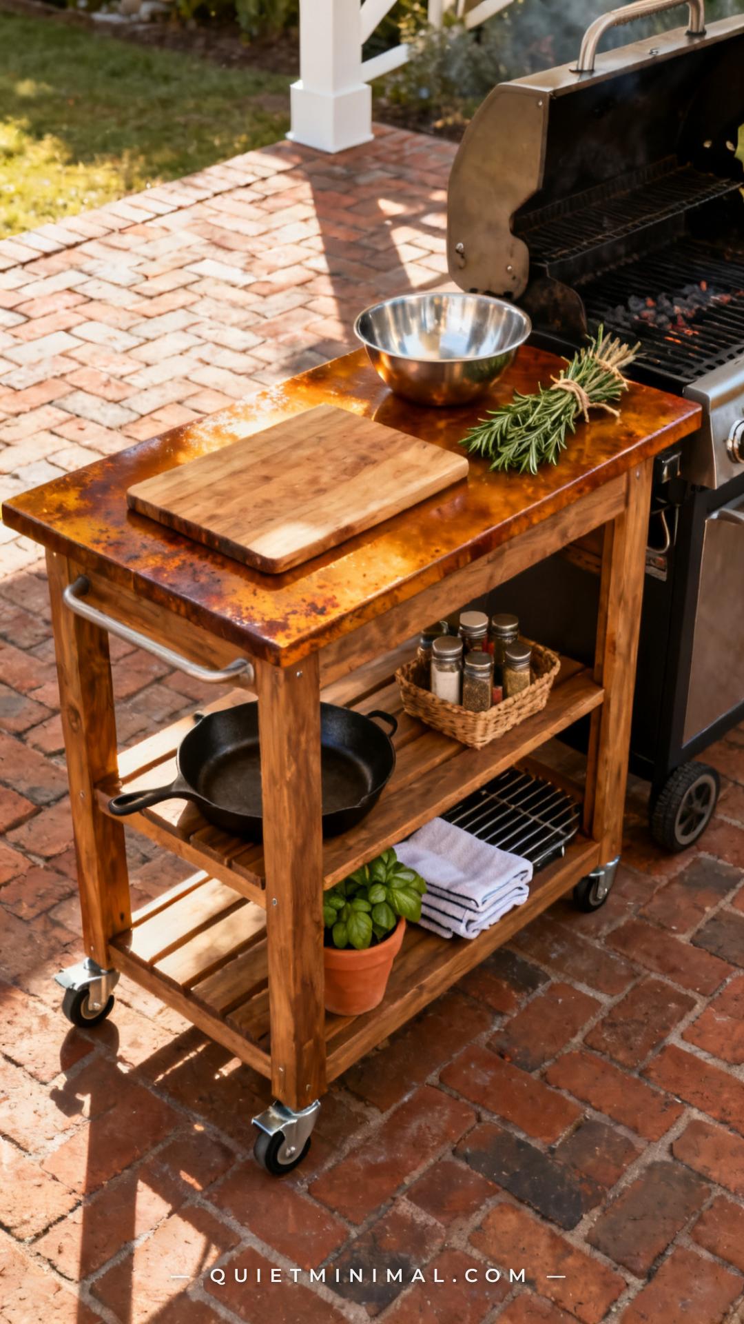 A vertical photograph captures a wide view of a butcher block prep table on four locking casters positioned beside a cha