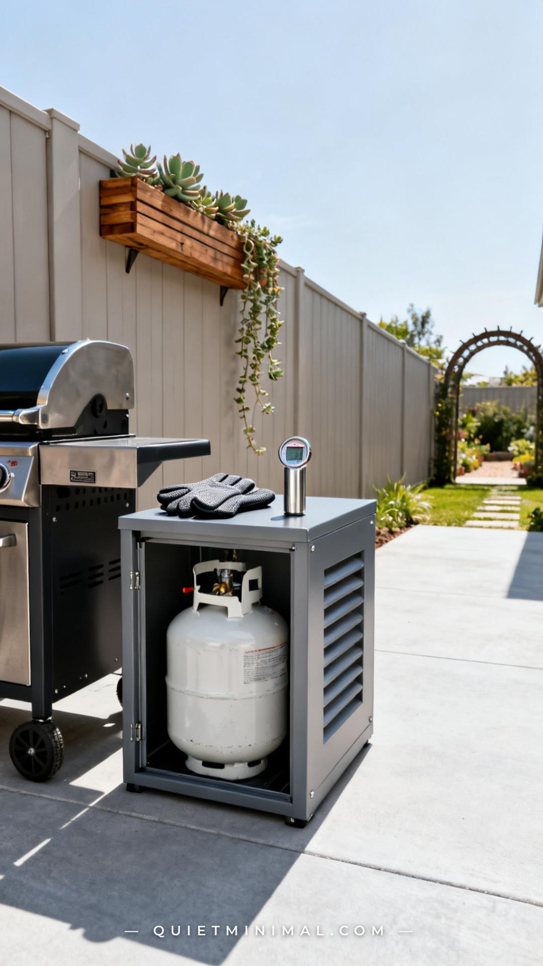 A vertical photograph captures a wide view of a dedicated propane tank storage unit — a low