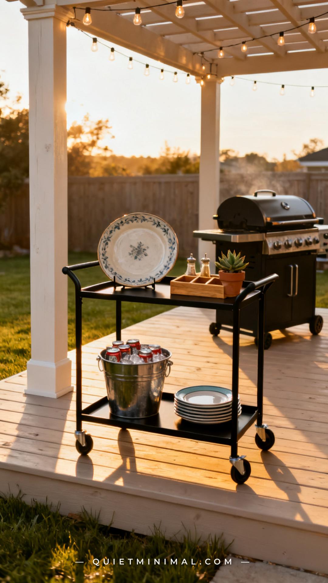 A vertical photograph captures a wide view of a black powder-coated rolling bar cart positioned on a backyard deck besid