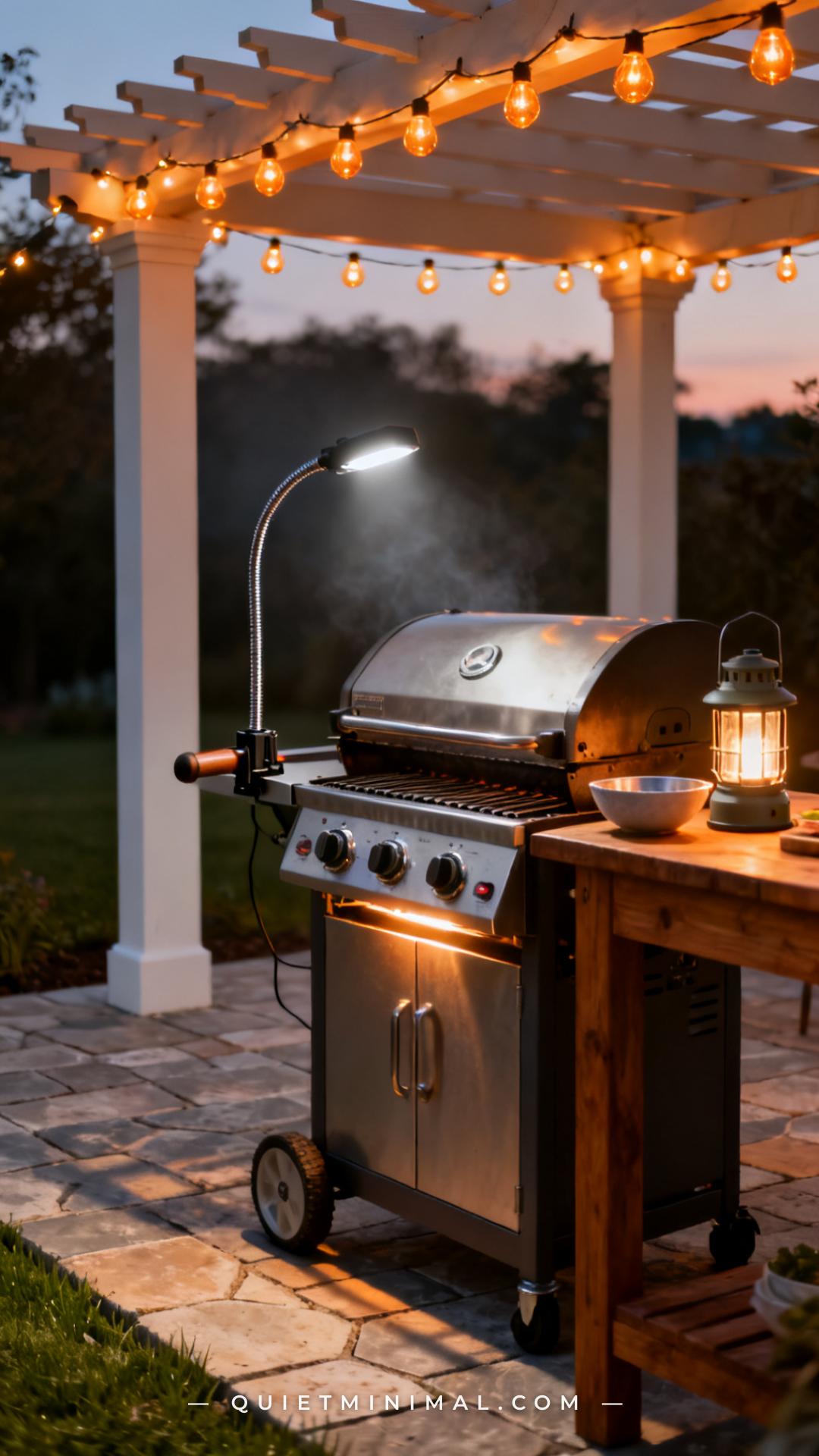 A vertical photograph captures a wide nighttime or dusk shot of a backyard BBQ setup lit by a combination of a flexible-