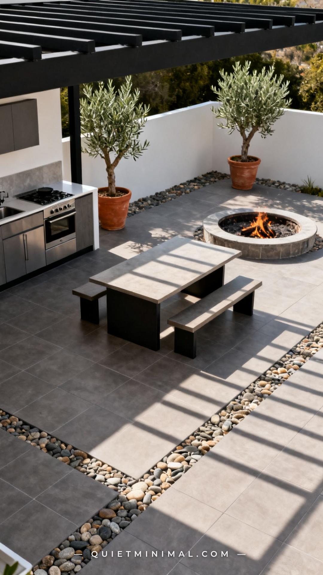 A wide establishing shot of a backyard patio layout viewed from above-and-behind at a slight angle