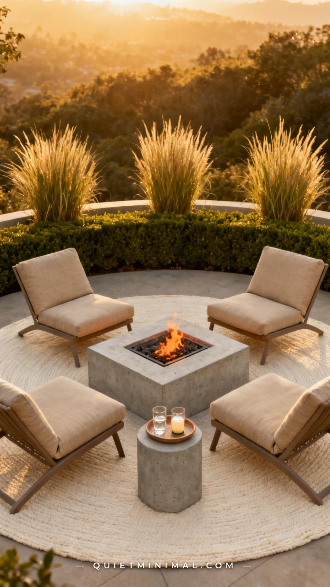 A wide establishing photograph captures a fire pit lounge zone at golden hour
