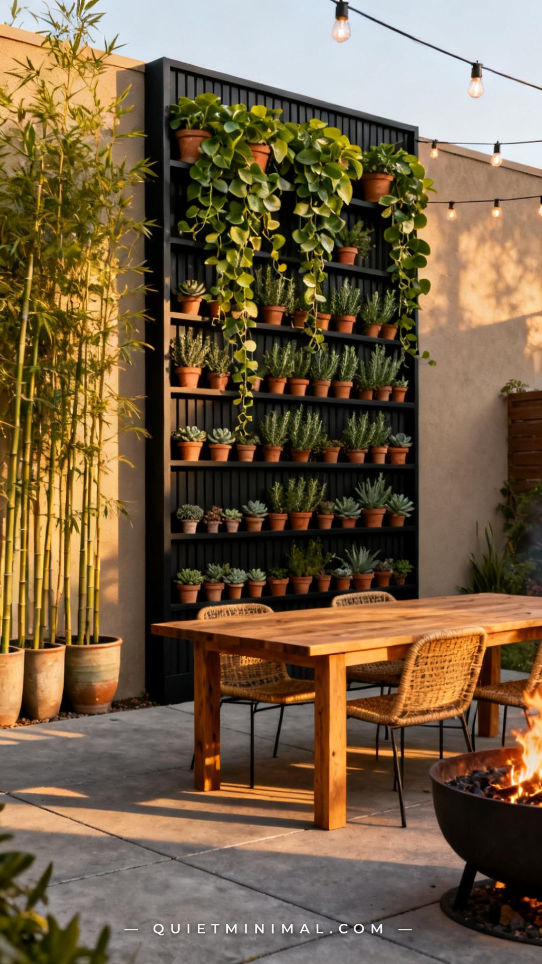 A wide vertical photograph establishes the edge of a backyard outdoor entertaining space