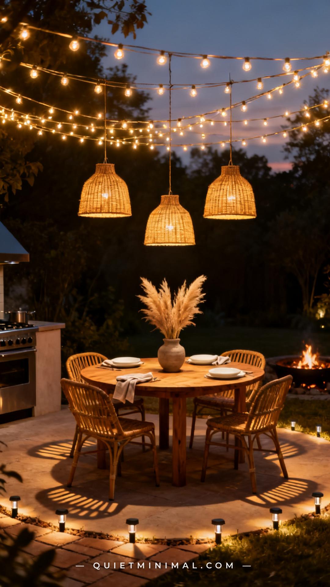 A wide vertical photograph captures an outdoor dining zone at dusk with three visible layers of lighting: string lights