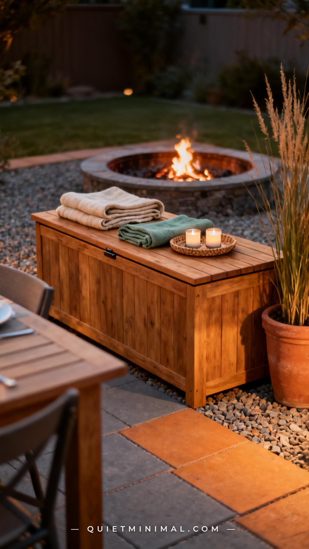 A medium-wide vertical photograph shows a teak outdoor storage bench positioned at the transition between the dining zon