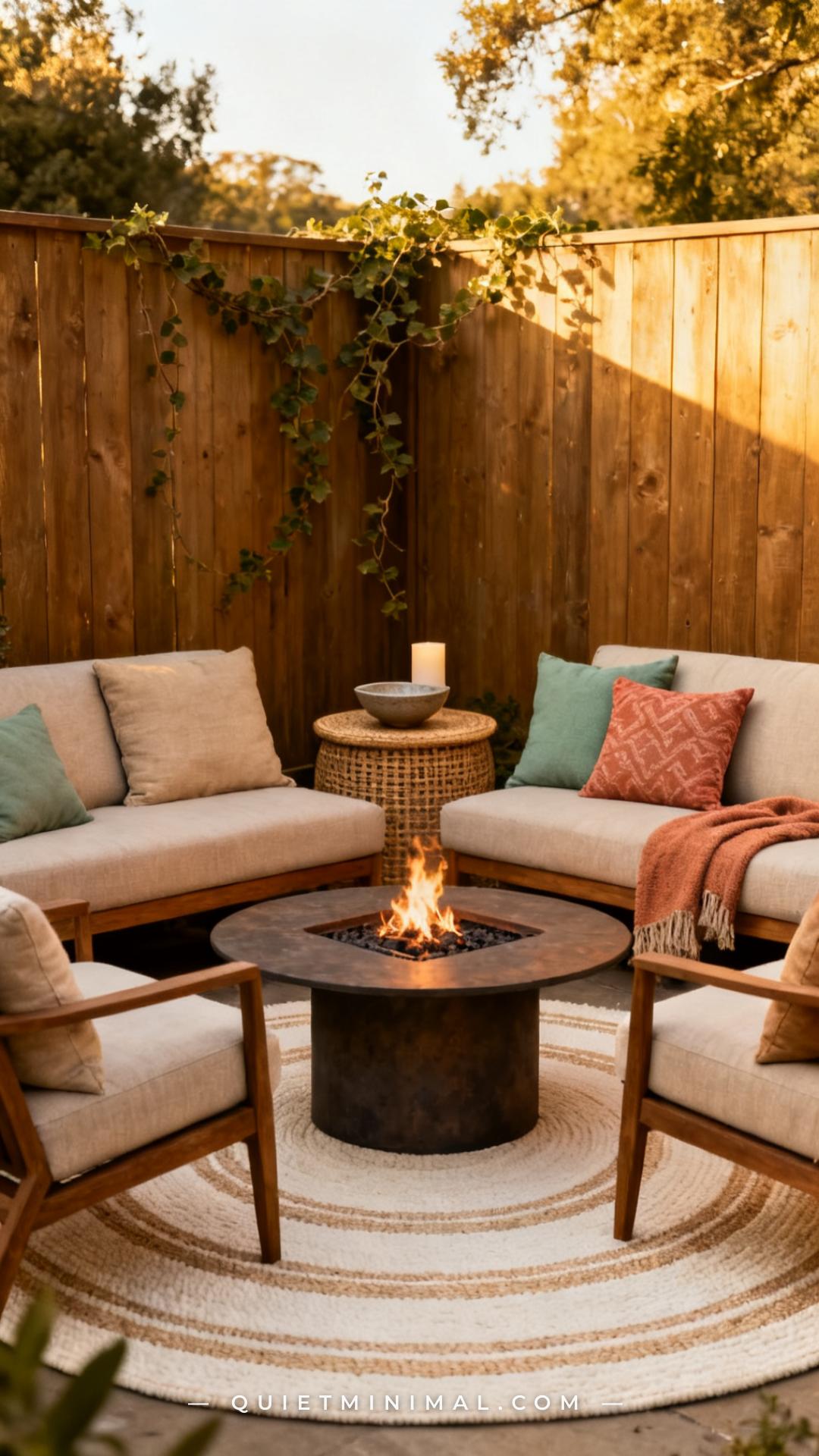 A wide vertical photograph shows an outdoor lounge seating area centered around a fire pit table