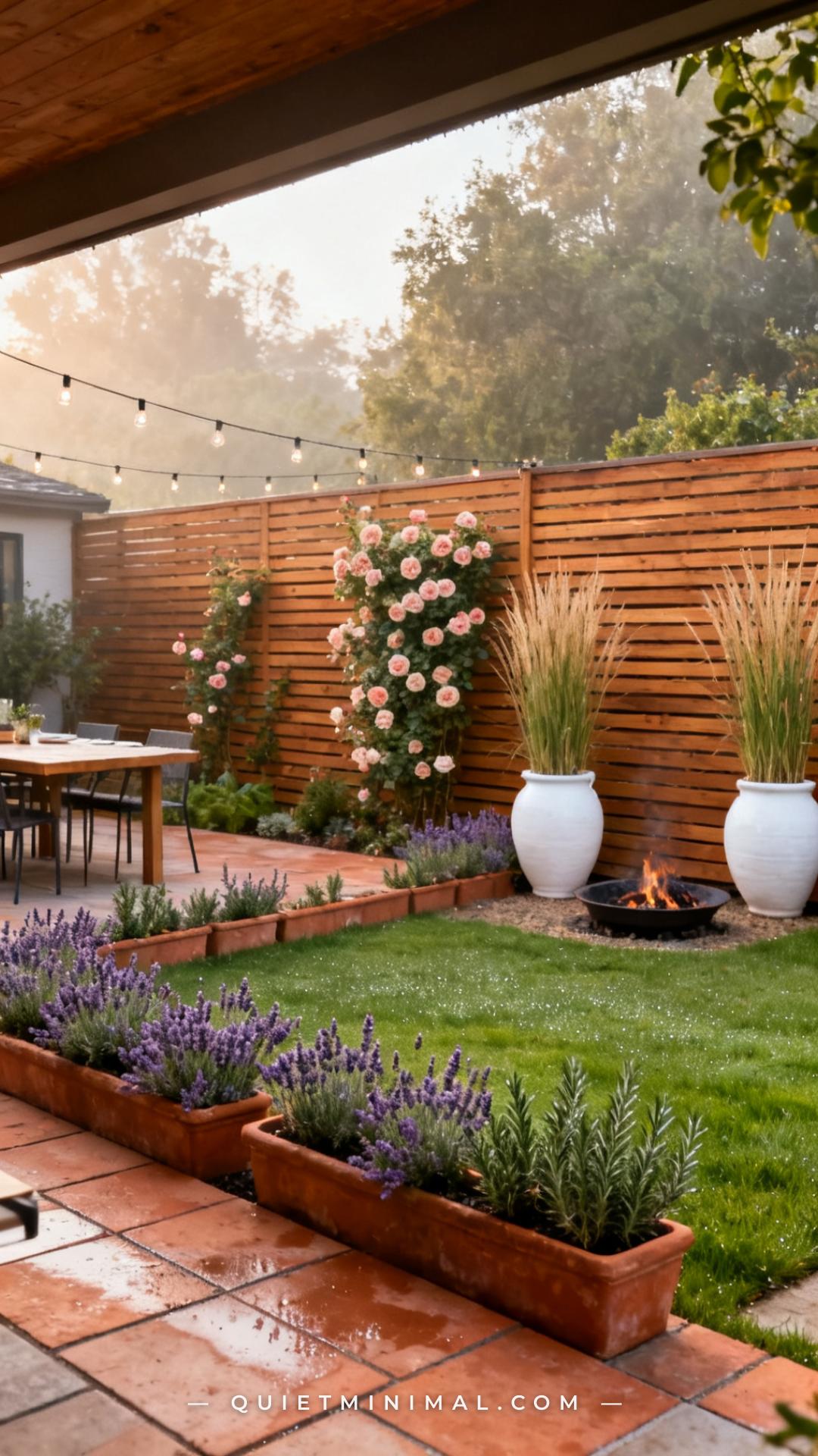 A wide establishing shot of the perimeter edge of an outdoor entertaining space