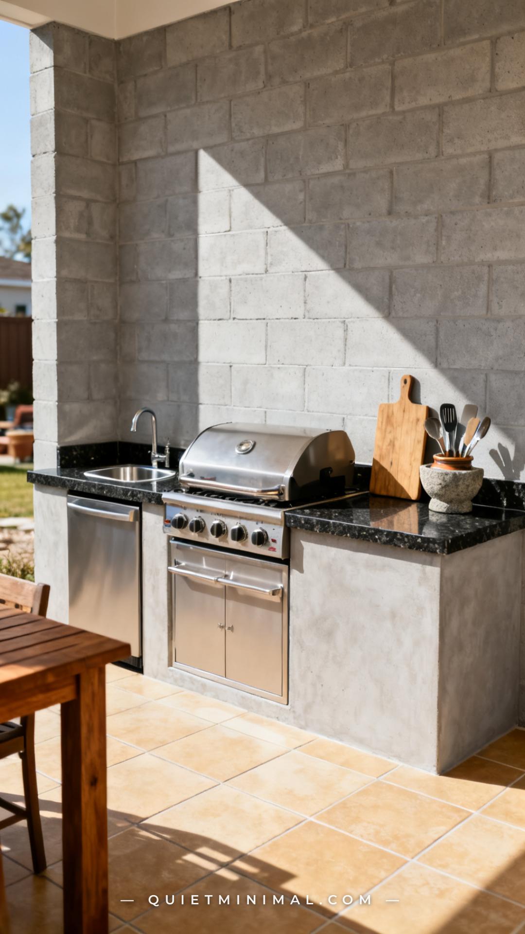 A medium-wide vertical photograph shows a built-in outdoor kitchen station against a light grey concrete block wall