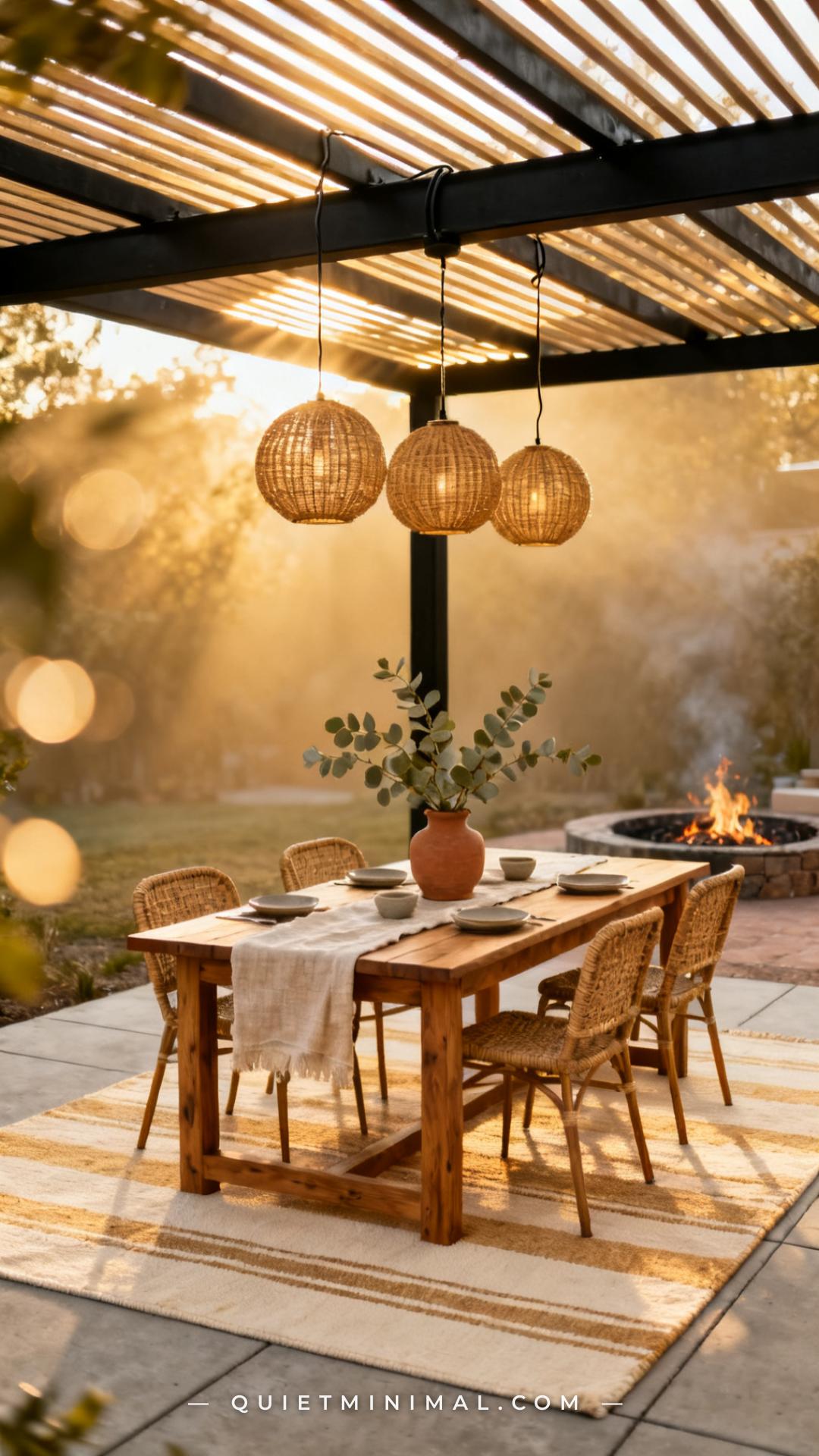 A wide vertical photograph captures a full outdoor dining setup on a covered patio