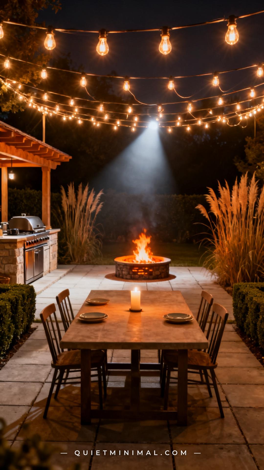 A wide establishing nighttime photograph of an outdoor backyard space shows a full overhead string light canopy stretchi