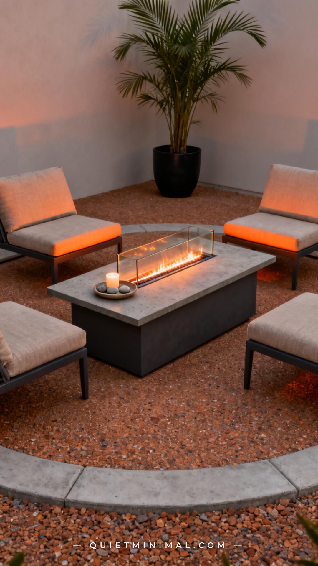 A medium-wide vertical photograph shows a modern rectangular propane fire pit table in a dark matte charcoal finish