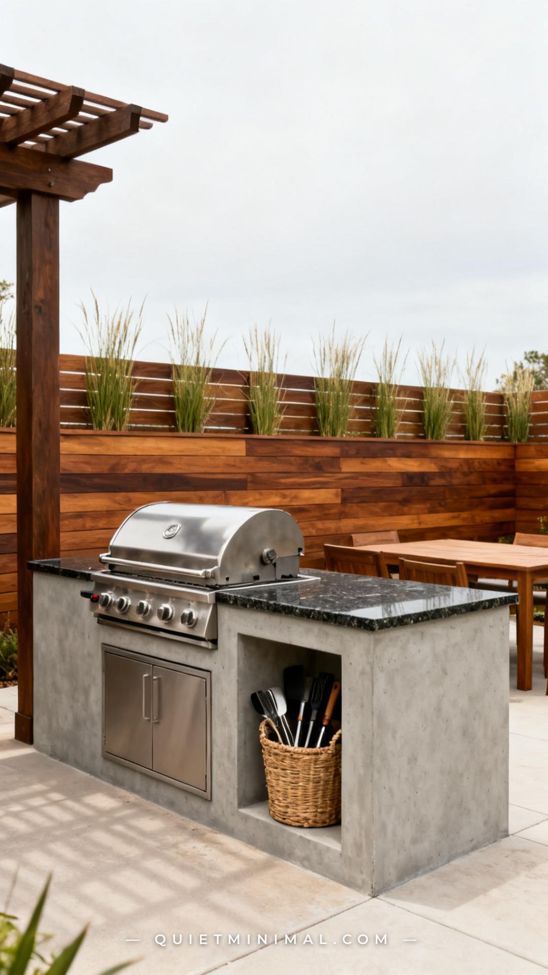 A wide establishing shot of an outdoor kitchen station positioned at the edge of a backyard patio