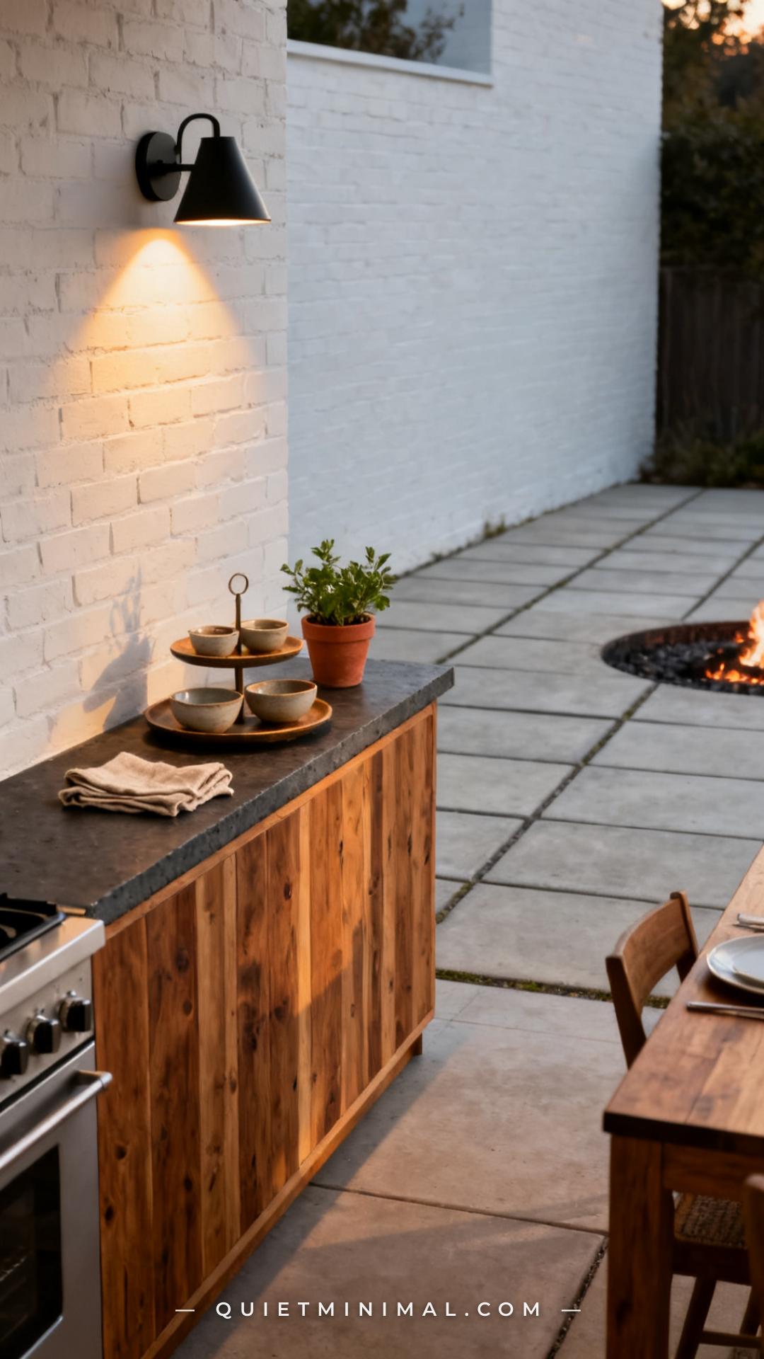 A medium-wide vertical photograph shows a narrow outdoor serving console positioned between an outdoor kitchen on the le