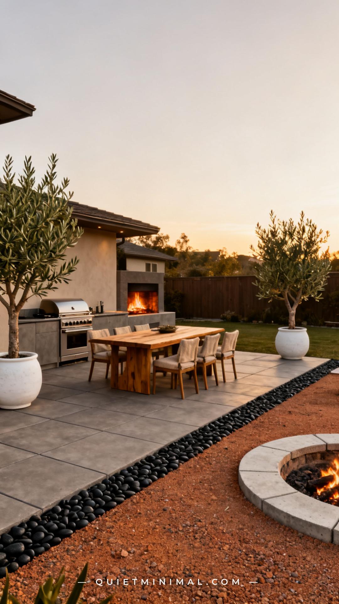 A wide establishing photograph looks across a full backyard outdoor entertaining space