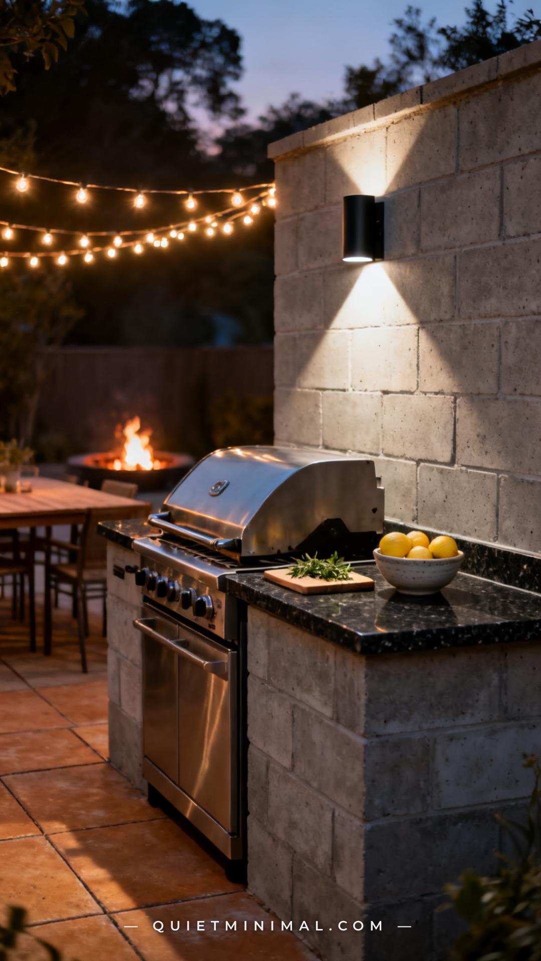 A medium-wide vertical photograph shows an outdoor kitchen station at dusk