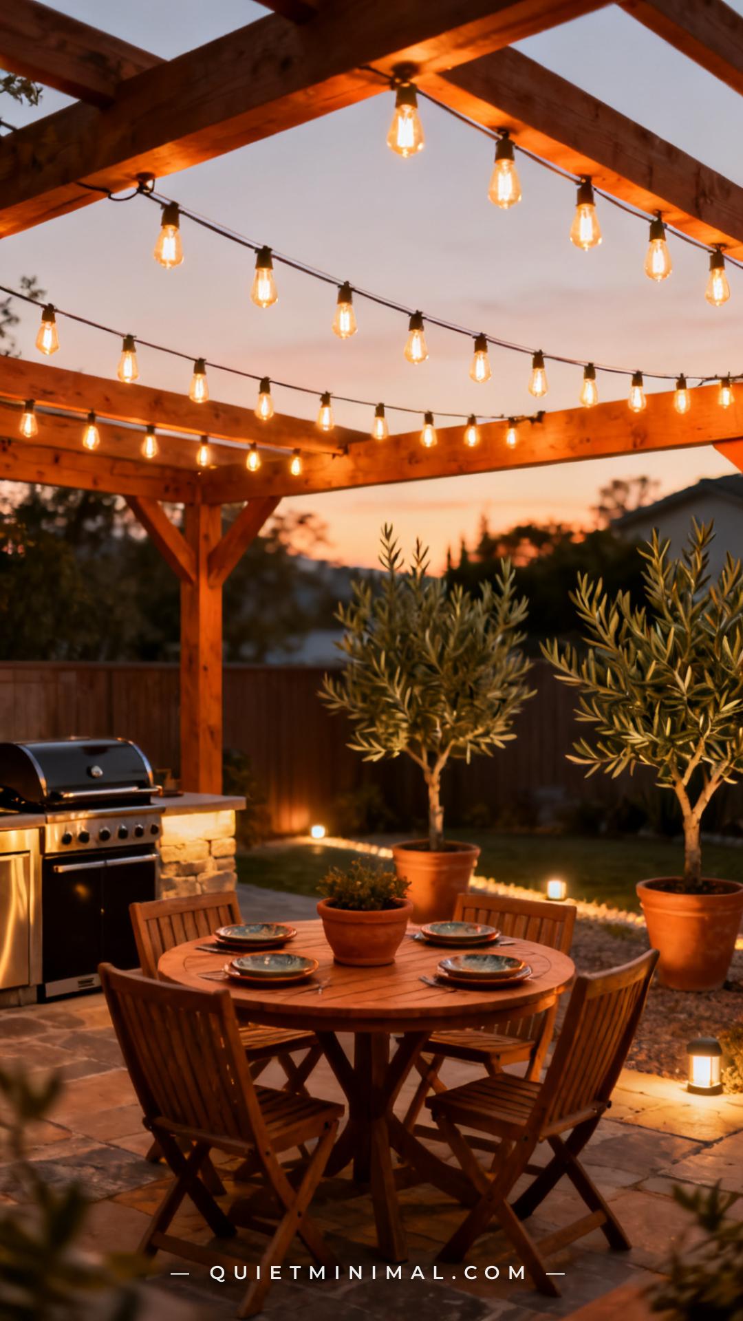 A wide establishing shot of a backyard patio at golden hour