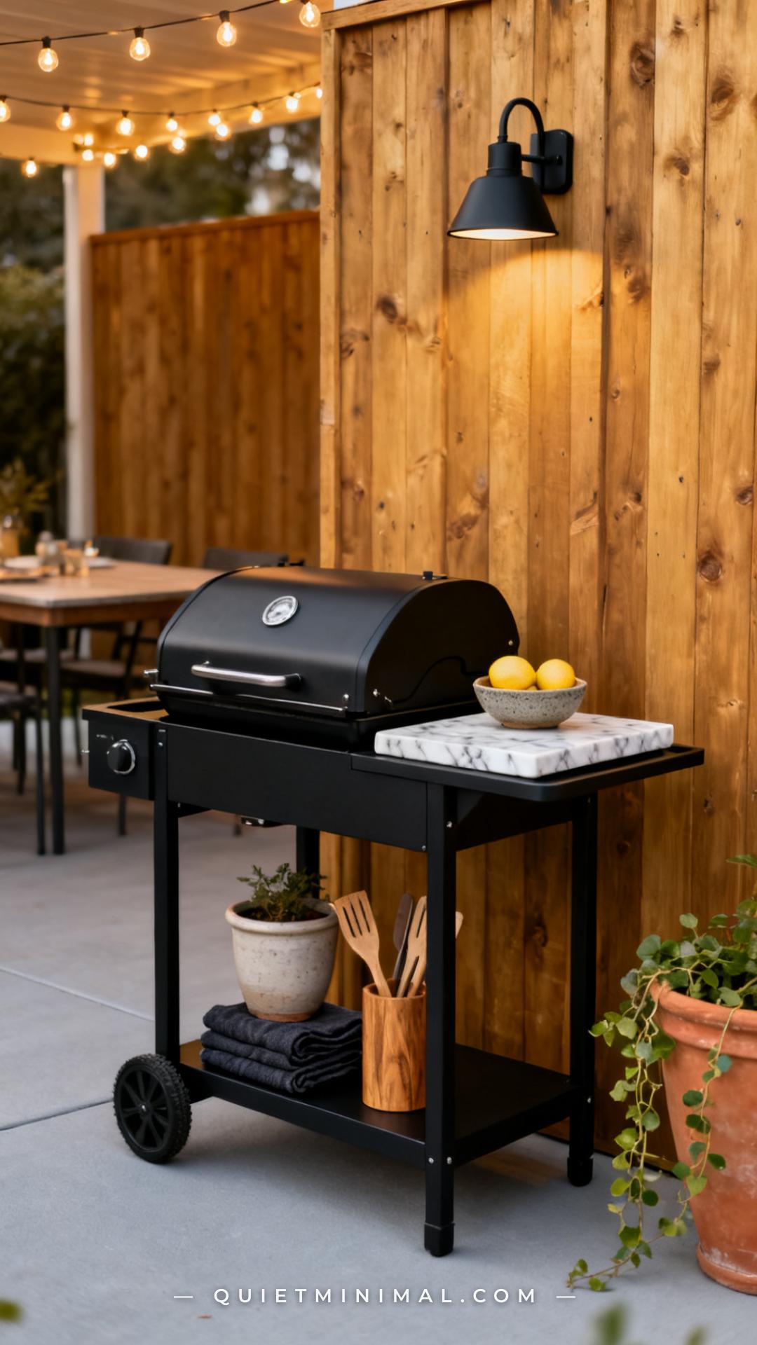 A vertical medium-wide photograph shows a styled matte black grill cart station on a light gray patio