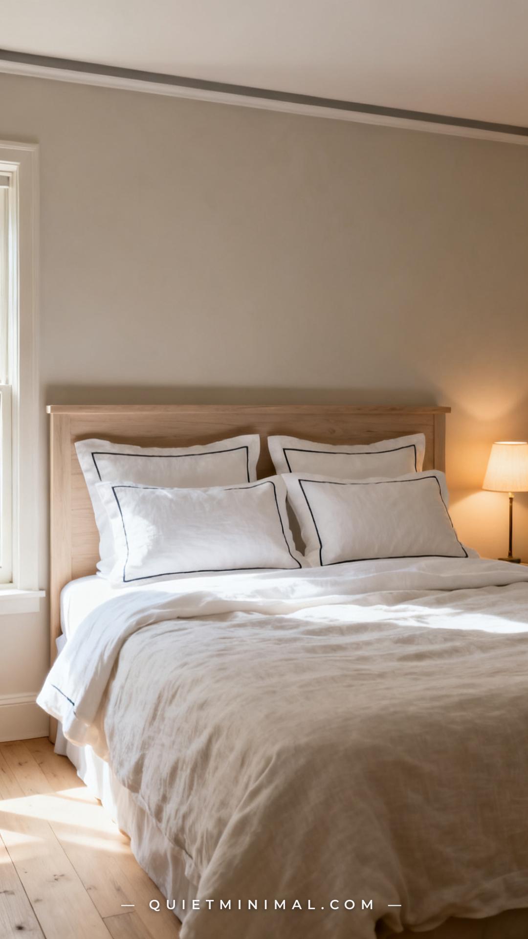 A medium-wide vertical photograph captures a calm neutral bedroom bed at mid-height