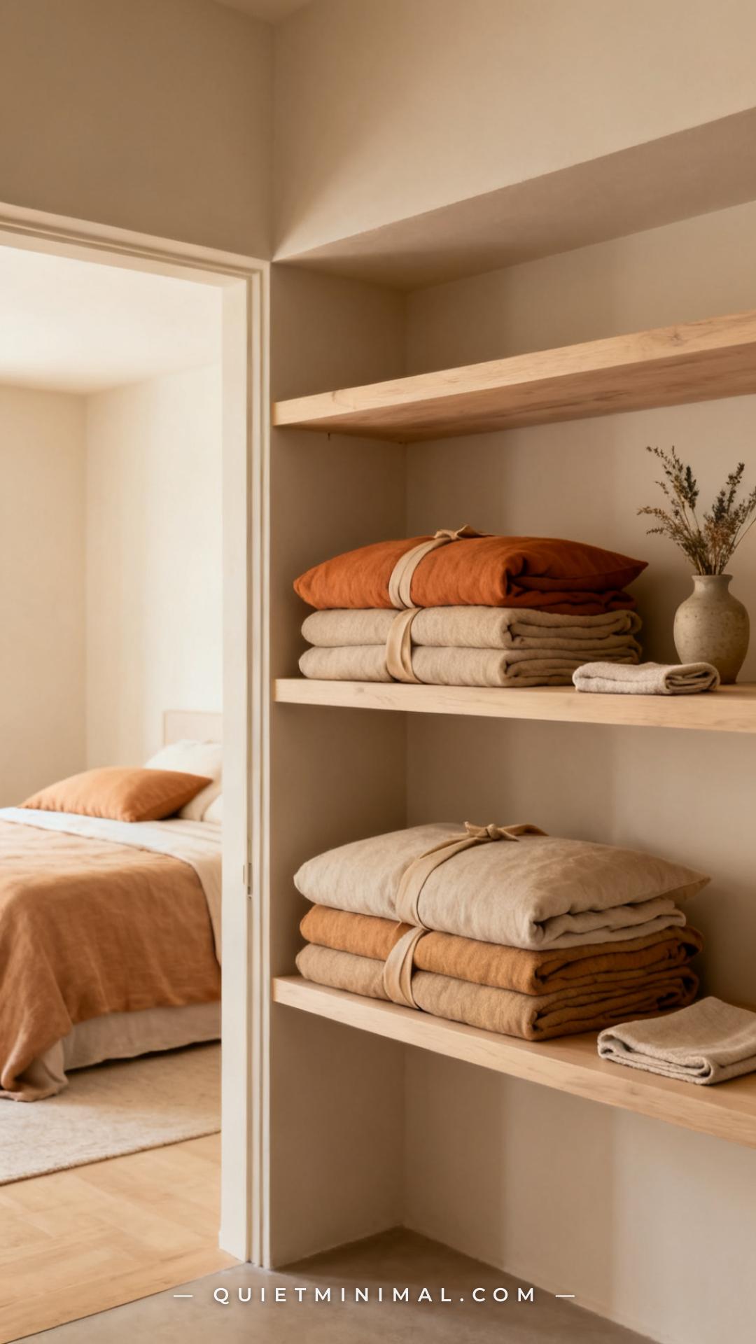 A wide vertical establishing shot captures a calm neutral bedroom linen closet shelf adjacent to the bedroom