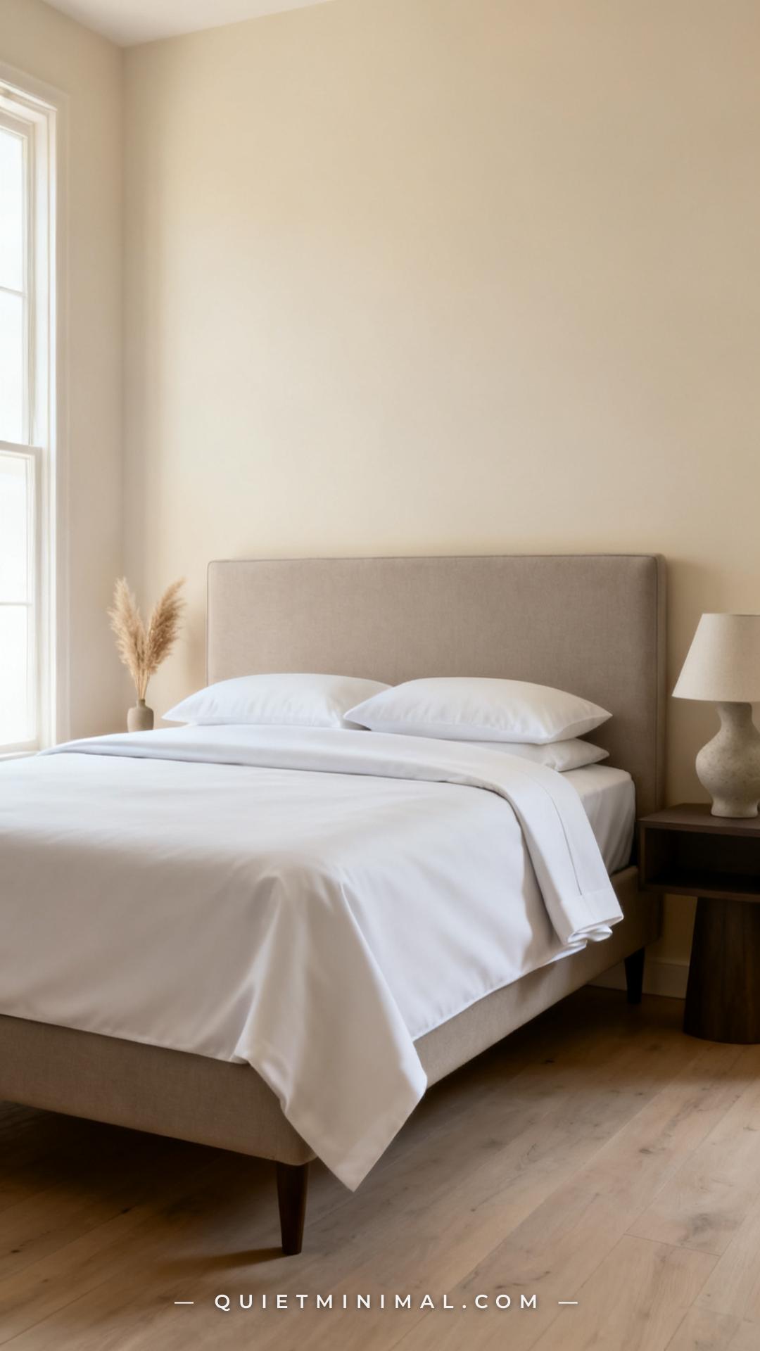 A vertical establishing shot of a neatly made neutral bedroom bed shows a crisp white percale flat sheet folded back ove