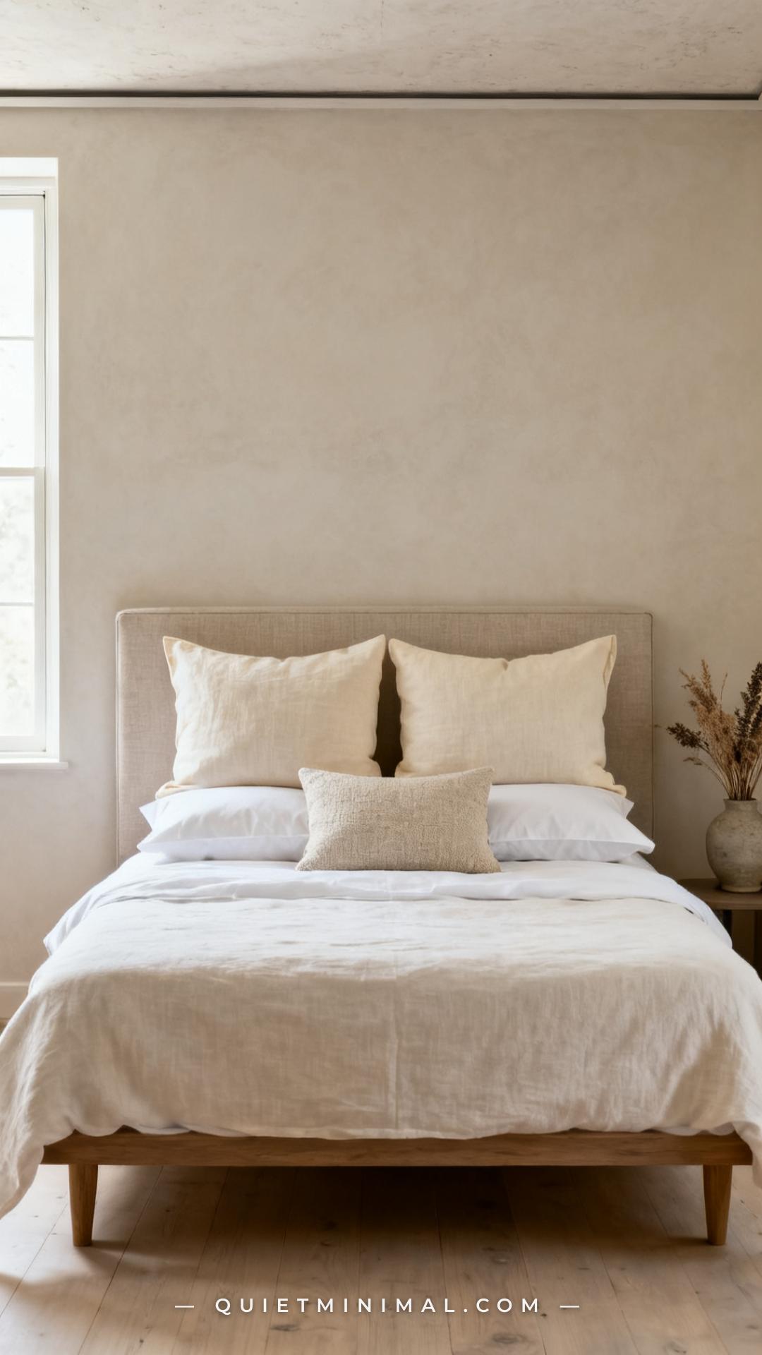 A vertical wide-angle photograph shows the upper half of a calm neutral bedroom bed in full context