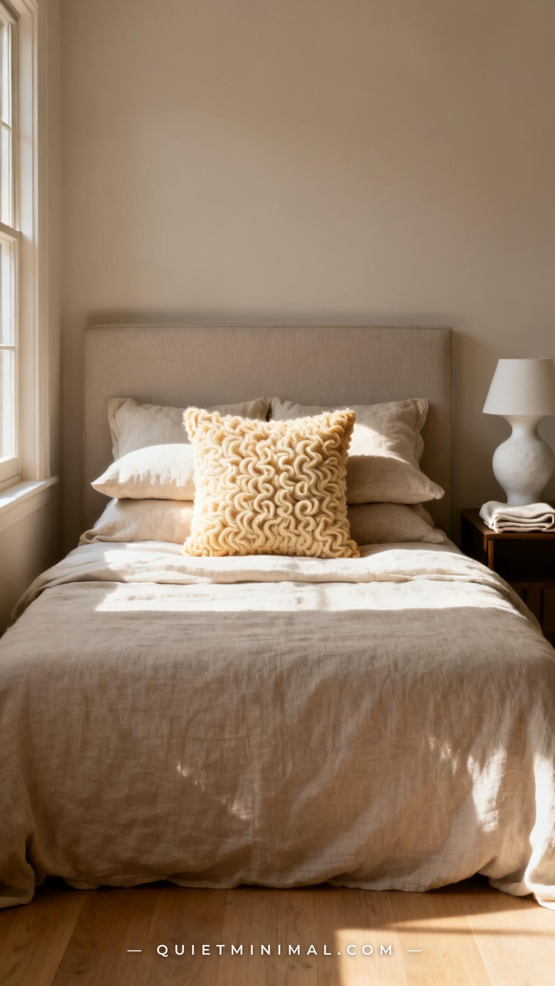 A medium-wide vertical photograph establishes a calm neutral bedroom with a focused close-in on the bed's front pillow l