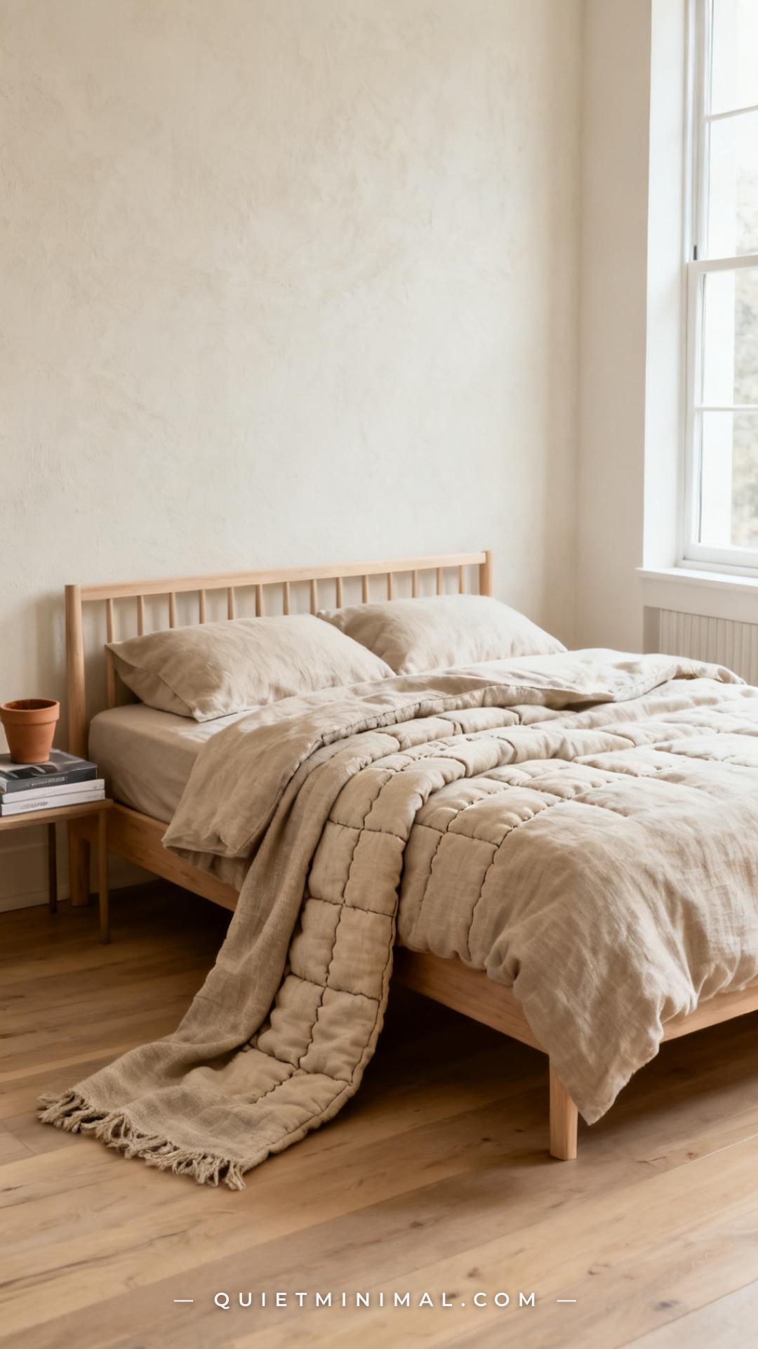 A vertical establishing shot captures a calm neutral bedroom bed with its linen duvet cover pulled back slightly to reve