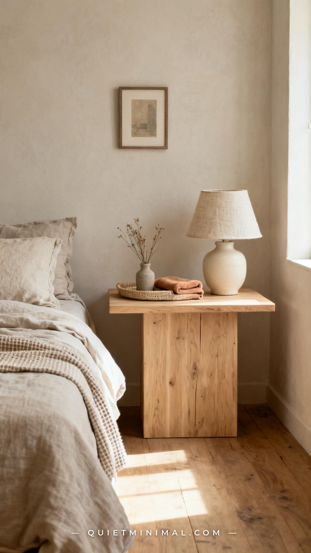 A vertical wide photograph captures a calm neutral bedroom nightstand in full room context