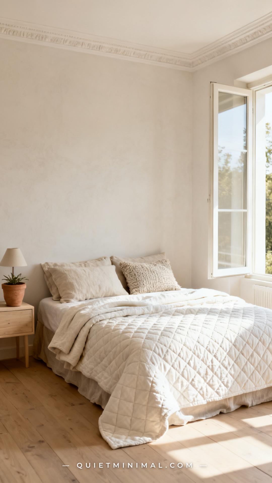 A vertical wide-angle photograph establishes a calm neutral bedroom in a warm-weather configuration — the bed is dressed