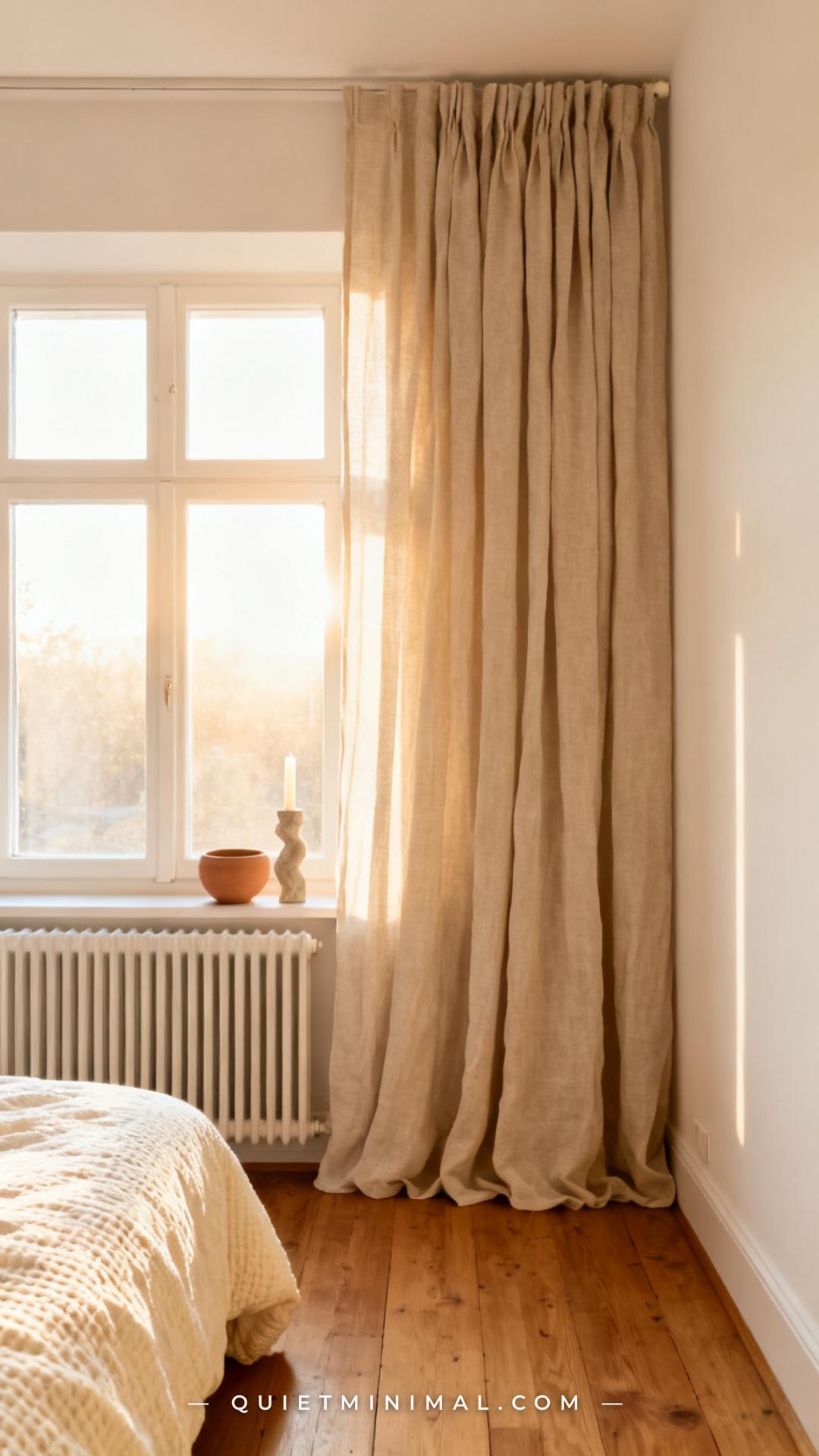A wide-angle vertical photograph establishes a bright bedroom corner