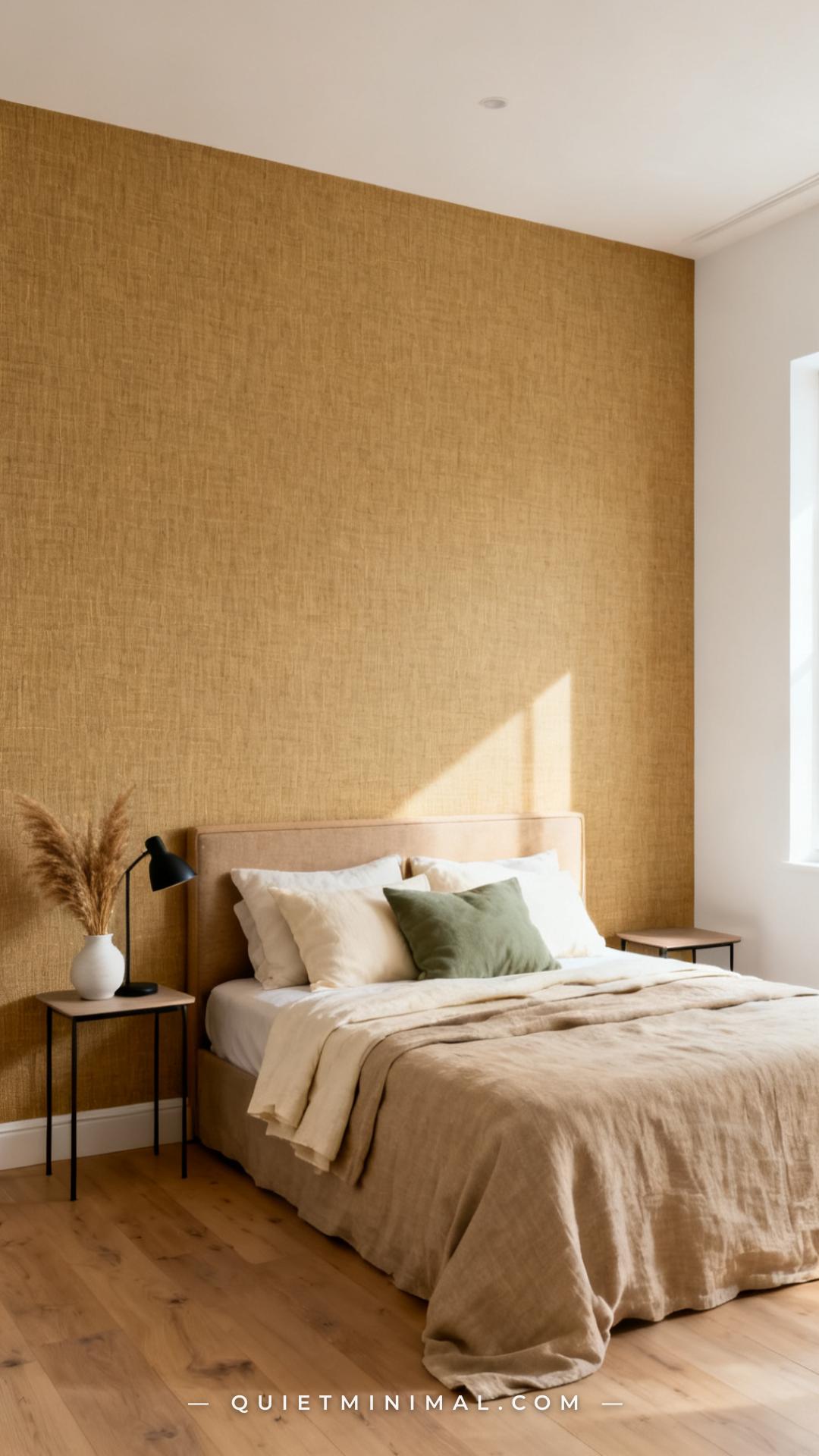 A medium-wide vertical photograph captures the full headboard wall of a bedroom styled with peel-and-stick textured wall