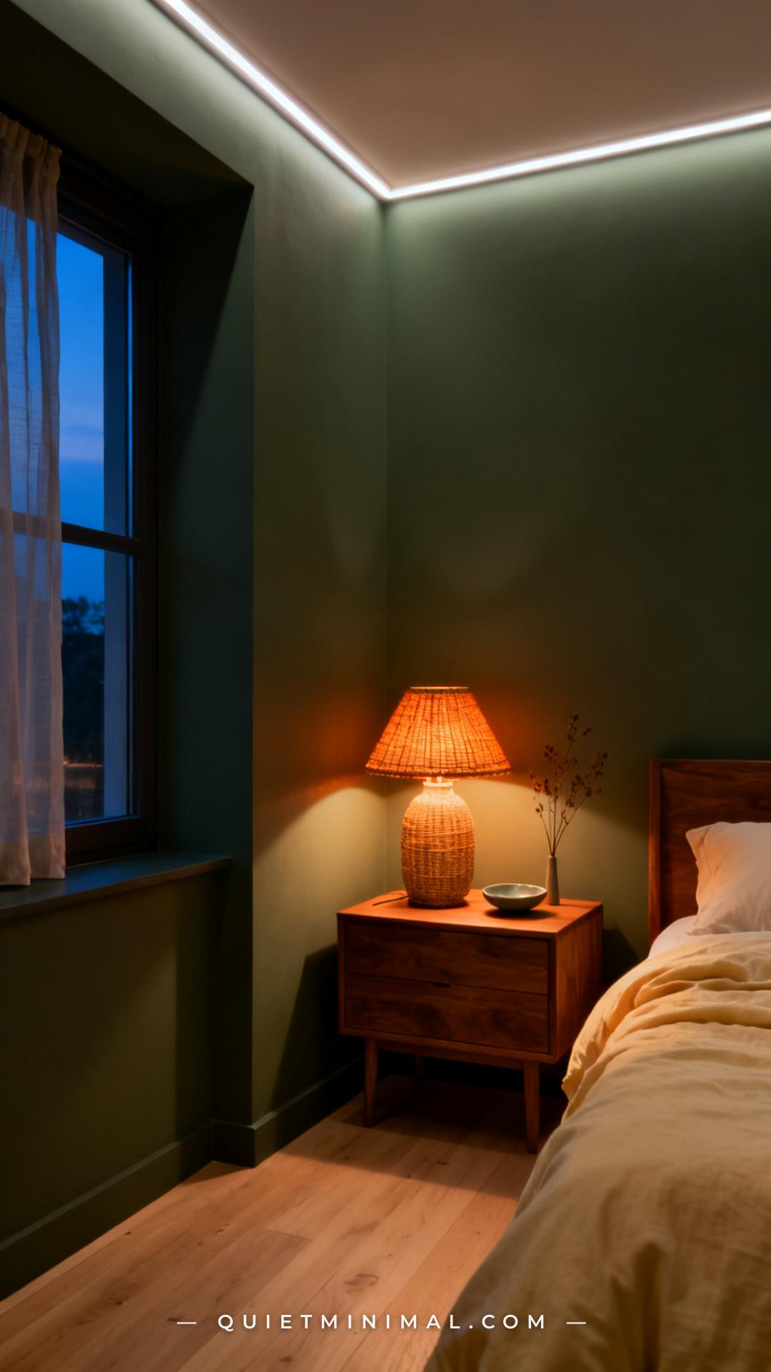 A wide-angle vertical photograph of a bedroom corner at dusk