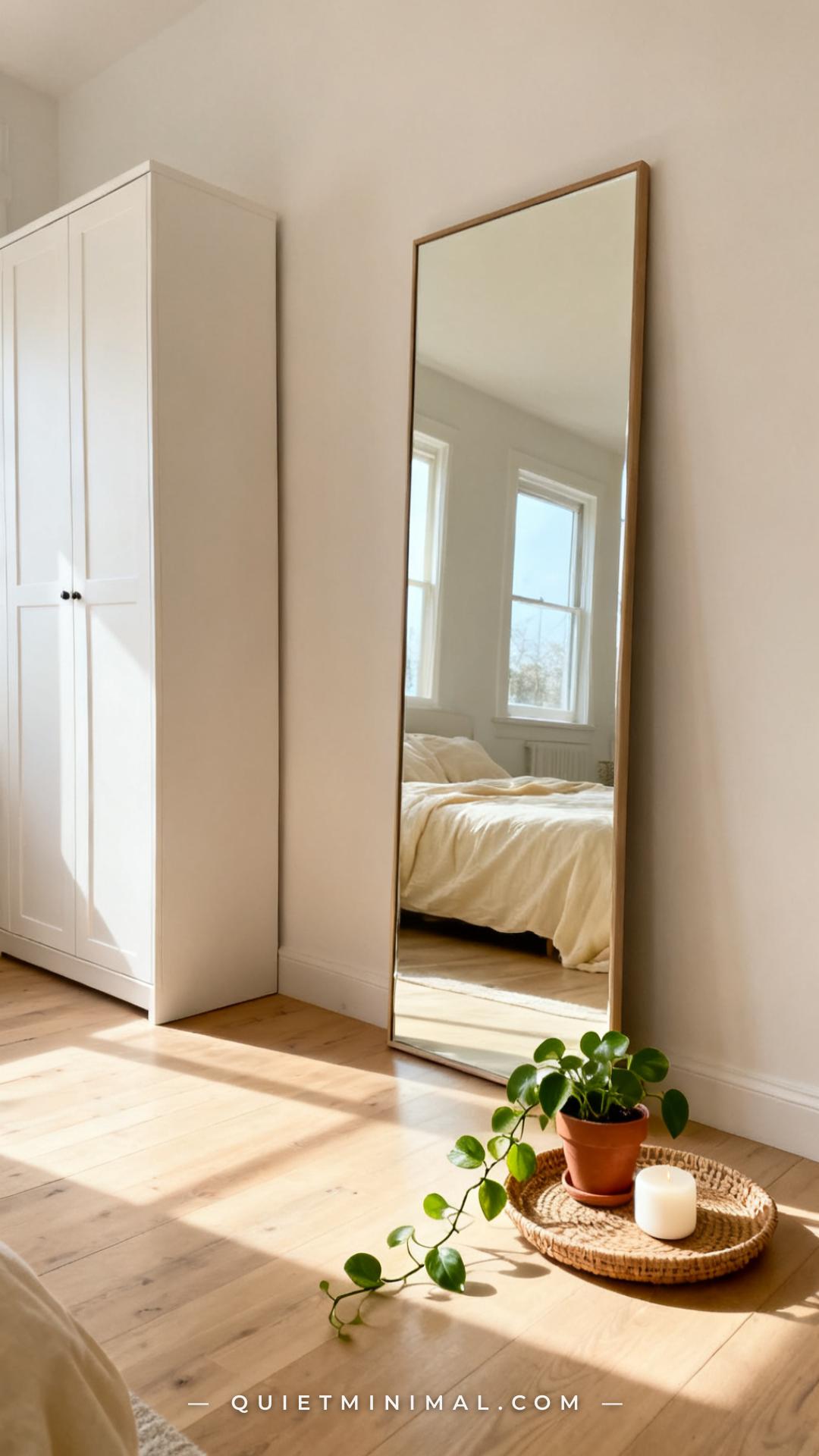 A wide establishing shot of a bedroom corner showing a full-length rectangular mirror leaning casually against the wall