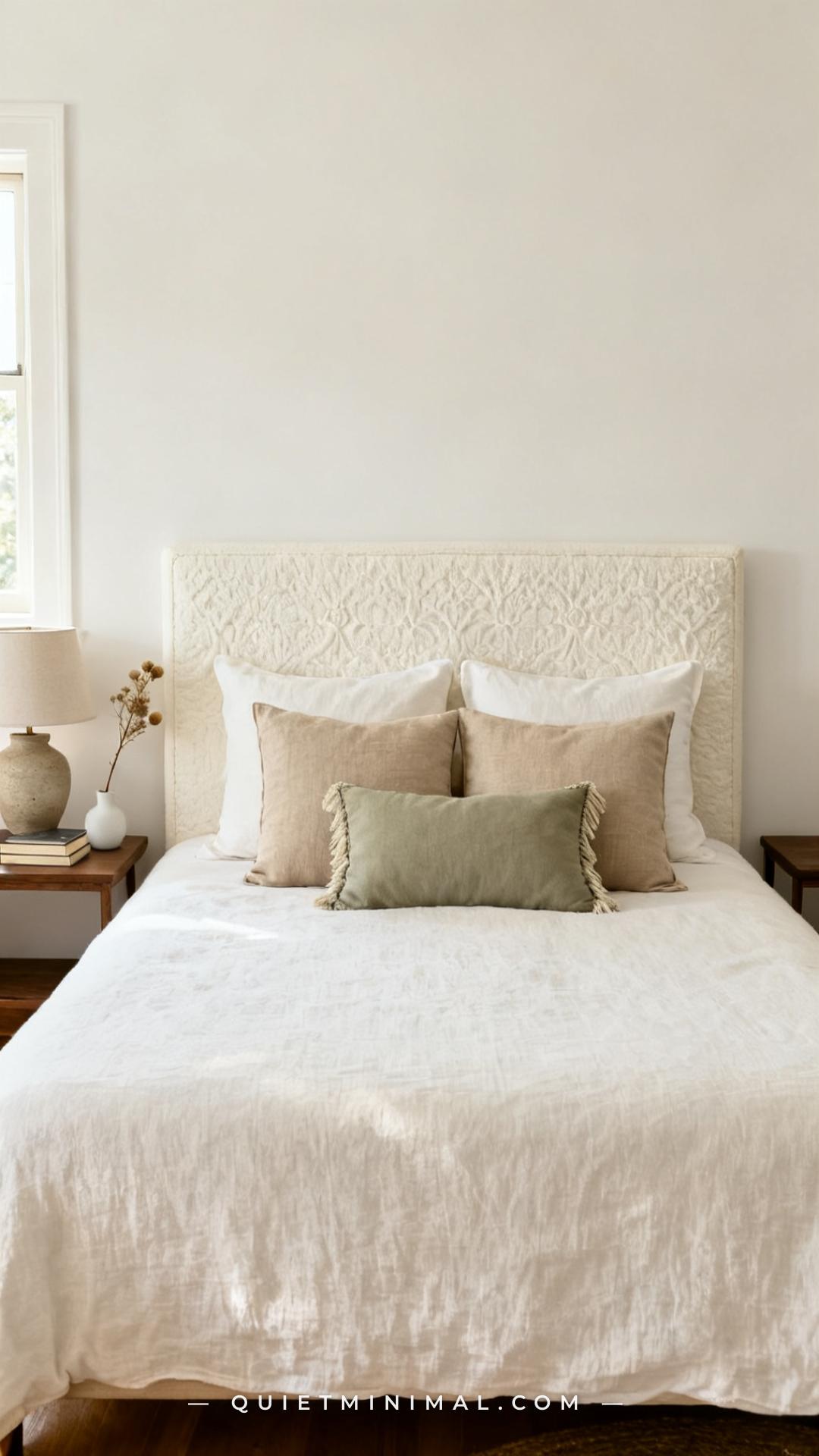 A wide medium shot of the top half of a styled bed