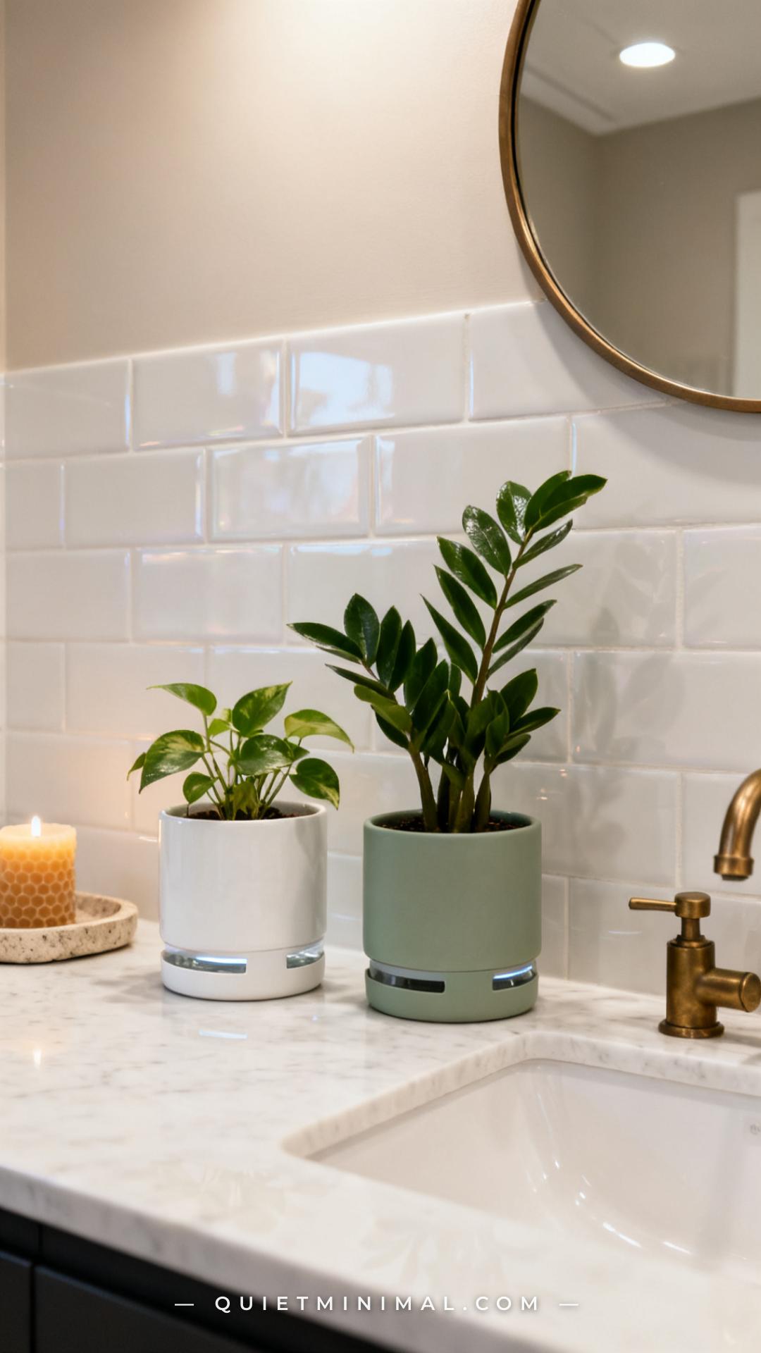 A vertical photograph captures a wide view of a bathroom countertop with two self-watering planters side by side — one i