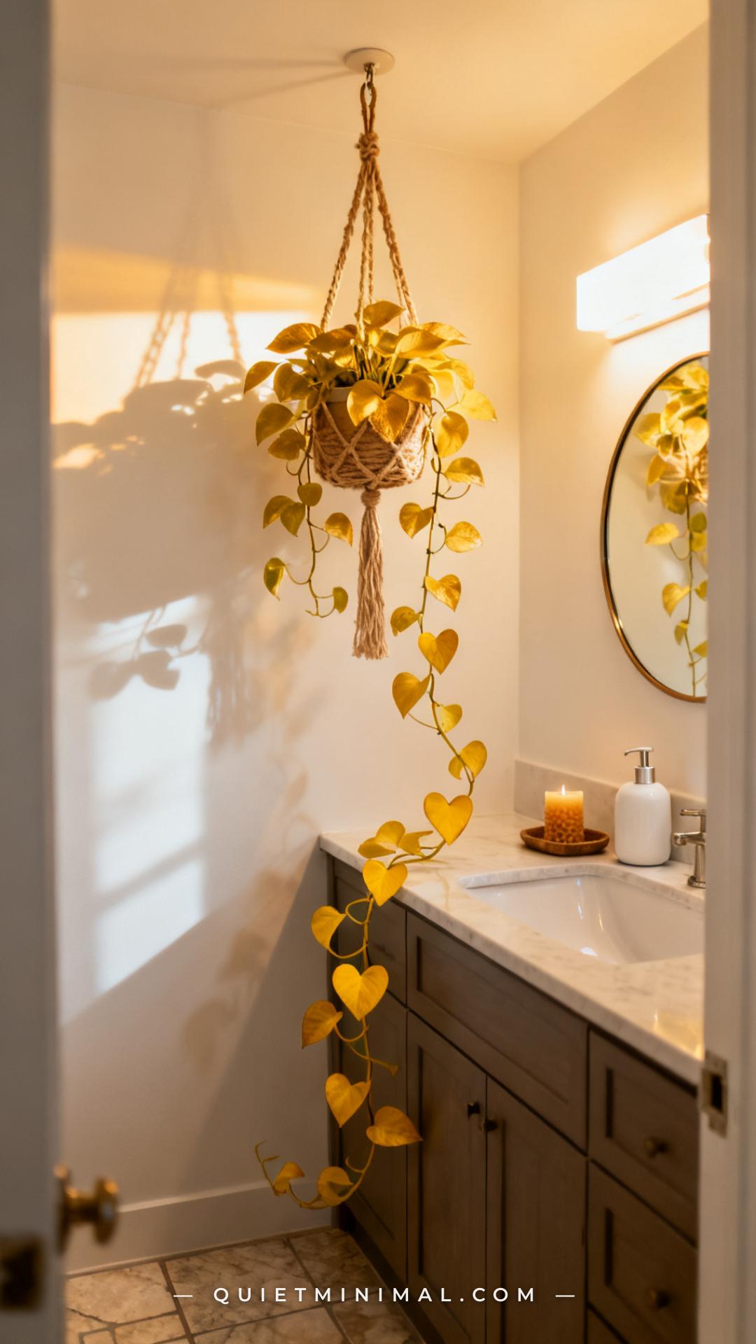 A wide-angle vertical photograph shows the full interior of a small bathroom with a trailing golden pothos hanging from