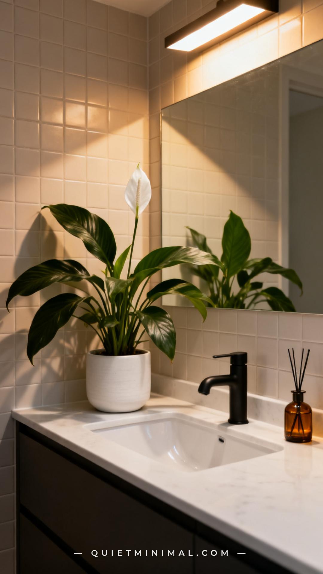 A vertical establishing shot captures the full view of a bathroom vanity area with a peace lily in a white matte ceramic